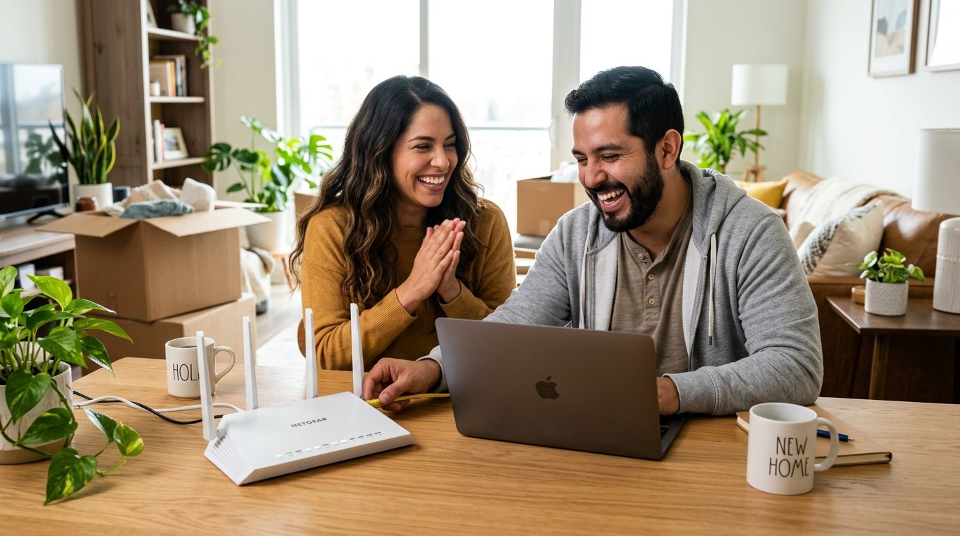 Pareja configurando su router de internet en su nuevo hogar